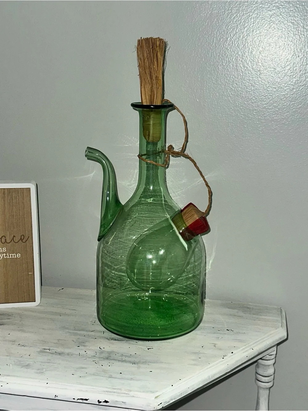 Green Glass Olive Oil Pourer Cruet with Decorative Stopper